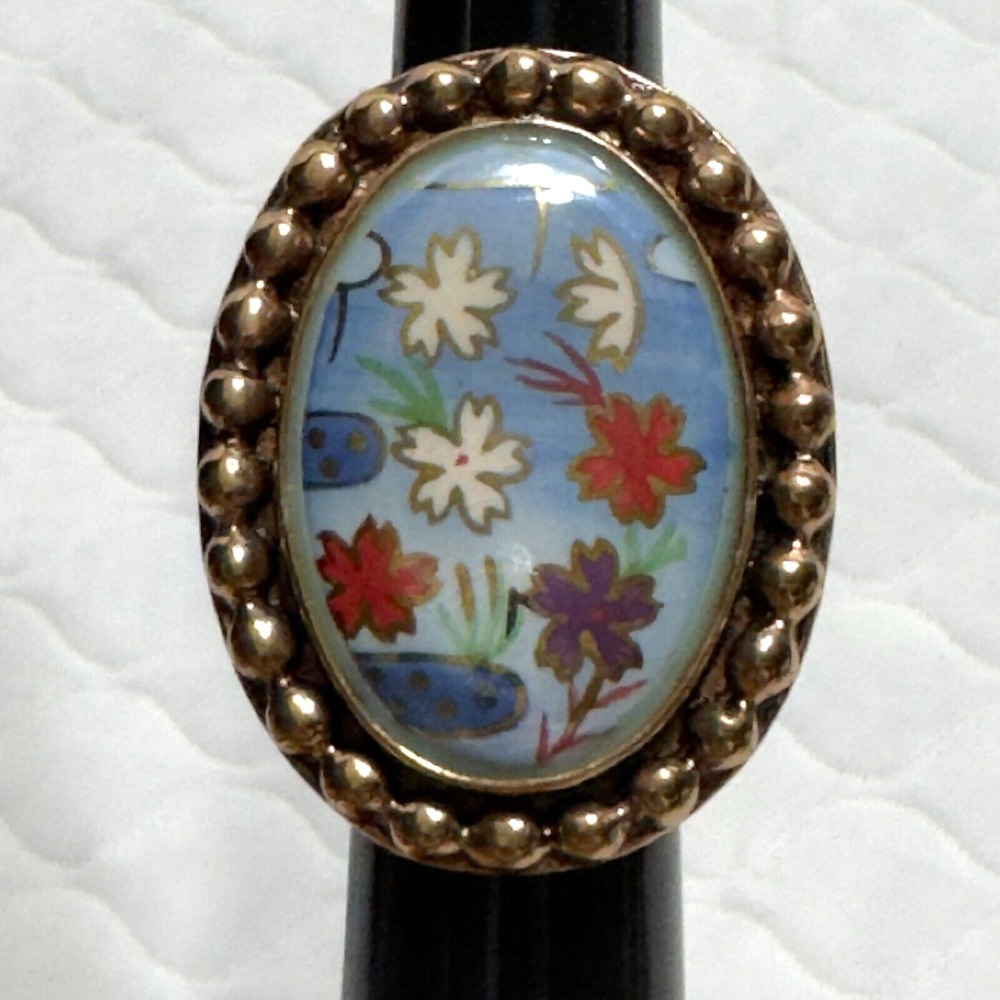 Sz 8.25 Amy Kahn Russel Bronze Hand Painted Flower Statement Ring Floral Blue - Picture 2 of 14